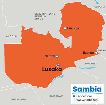 Karte von Sambia mit Projektregionen von Plan International: Lusaka, Luapula, Central und Eastern.