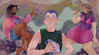 Drei trans Personen sind vor einem Hintergrund voller Menstruationsprodukte