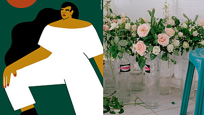 Ausschnitte aus Motiven des Kunstverkaufs: Bilder von Camila Rosa (links) und Hanane El Ouardani (rechts). © Plan International