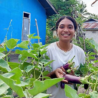 Anita erntet Auberginen in ihrem Gemüsegarten 