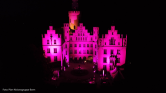 Das Schloss Arenfels in Bonn erstrahlt in Pink