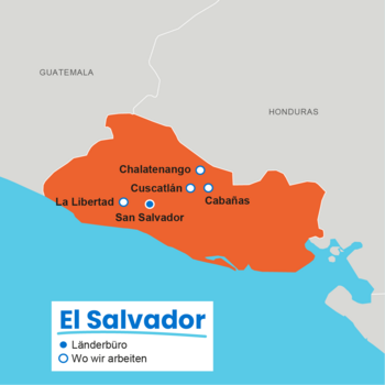 Karte von El Salvador mit den Arbeitsregionen der Kinderrechtsorganisation Plan International: Chalatenango, Cuscatlán, Cabañas, La Libertad und dem Länderbüro in San Salvador.