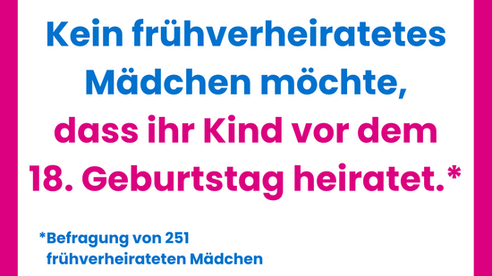 Weiße Informationsgrafik von Plan International mit pinkem Rahmen. In pinken und blauen Buchstaben steht: ‚Kein frühverheiratetes Mädchen möchte, dass ihr Kind vor dem 18. Geburtstag heiratet.‘ Darunter Hinweis: ‚Befragung von 251 frühverheirateten Mädchen.‘ Unten rechts das Logo vom Welt-Mädchentag mit Plan International. Kleine Quellenangabe: Plan International (2025). State of the World’s Girls Report.