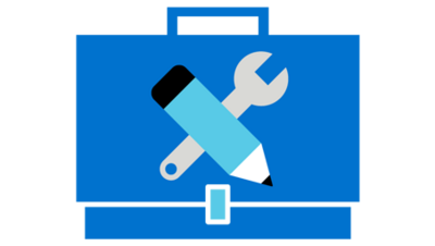 Blauer Koffer mit Werkzeug und Stift drauf