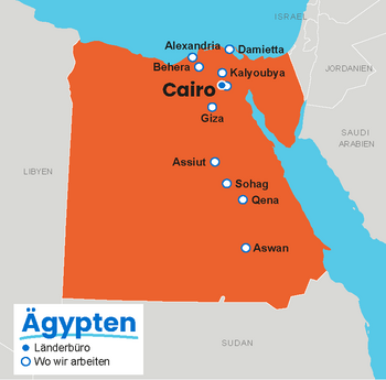 Karte von Ägypten mit markierten Projektstandorten von Plan International: darunter Alexandria, Cairo, Giza, Qena, Sohag und weitere.