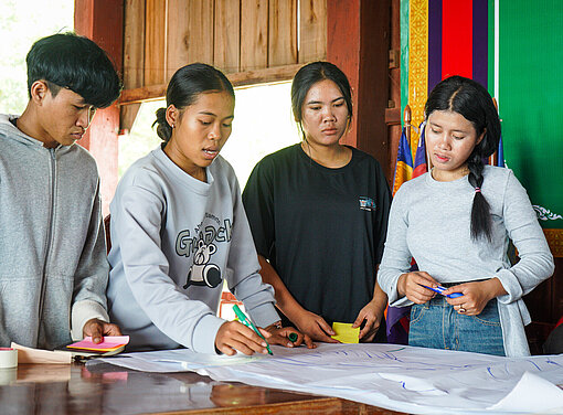 Jugendliche leiten gemeinsam eine Aktivität im Jugendclub in Ratanakiri, Kambodscha. Sie arbeiten an Postern zum Thema Bildung und Kinderehe, zur Stärkung von Mädchen und Peer-Education.