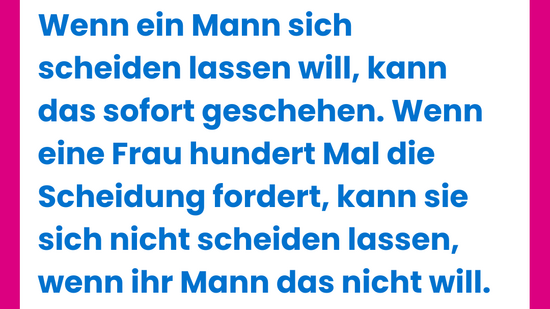 Weiße Grafik von Plan International mit pinkem Rahmen zum Welt-Mädchentag und großem Anführungszeichen. Zitat: ‚Wenn ein Mann sich scheiden lassen will, kann das sofort geschehen. Wenn eine Frau hundert Mal die Scheidung fordert, kann sie sich nicht scheiden lassen, wenn ihr Mann das nicht will.‘ – Adinda (15), aus Indonesien, wurde frühverheiratet. Unten Quellenangabe: Plan International (2025). State of the World’s Girls Report.