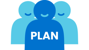 Icon von drei Personen mit dem Plan-Logo auf dem Shirt. Es steht für das Plan Team. 