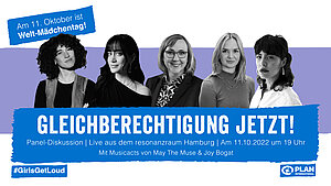 Eine Grafik mit dem Titel der Panel-Diskussion und Bildern der vier Speakerinnen und der Moderatorin