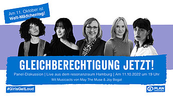 Eine Grafik mit dem Titel der Panel-Diskussion und Bildern der vier Speakerinnen und der Moderatorin