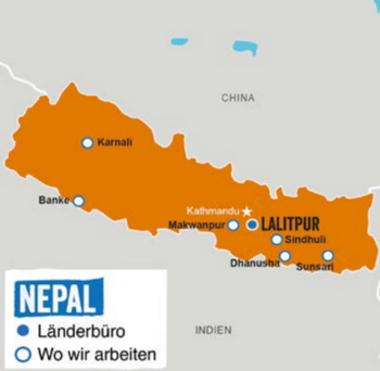 Karte von Nepal: Standorte von Plan International in verschiedenen Regionen des Landes Karte von Nepal mit markierten Orten, an denen Plan International arbeitet, einschließlich Kathmandu, Lalitpur und weiteren Regionen