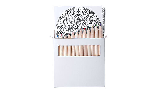 Geöffnete Buntstiftschachtel mit Stiften und herrausschauender Mandala Malkarte