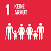 Piktogramm zu SDG 1 „Keine Armut“: Weiße Symbole von Menschen verschiedener Altersgruppen auf rotem Hintergrund, Ziel: Armut in allen Formen beenden.