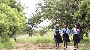 Schülerinnen in Sambia auf dem Schulweg – Bildung in ländlichen Regionen stärken. Drei Schülerinnen in Schuluniform gehen auf einem ländlichen Weg in Sambia zur Schule, umgeben von grüner Natur.