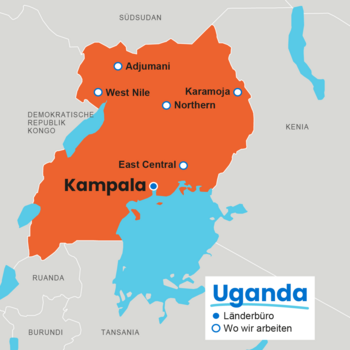 Karte von Uganda mit markierten Projektregionen und Standort des Länderbüros in Kampala