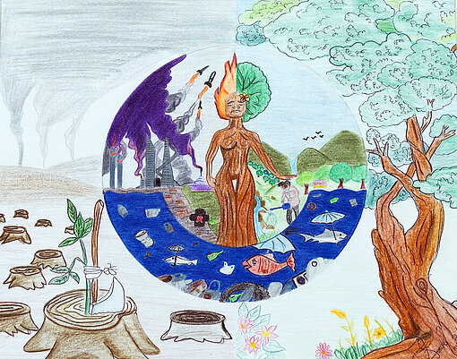 „Hoffnung“ Die Zeichnung zeigt einen Baum, die Erde ist in zwei Hälften geschnitten. Eine Seite ist schmutzig, die andere brennt.
