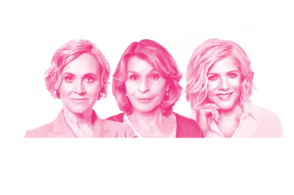 Bild von Caren Miosga, Senta Berger und Birgit Schrowange. Sie sind ab der Schulter zu sehen und pink eingefärbt.