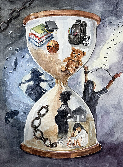 Gemälde einer Sanduhr, in der oben Schulsachen und unten ein schwangeres Mädchen und Ketten sind