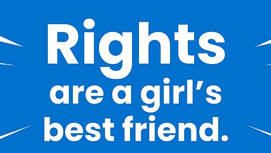 Blaue Grafik von Plan International zum Welt-Mädchentag. In großen weißen Buchstaben steht: ‚Rights are a girl’s best friend.‘ Unten links das Logo vom Welt-Mädchentag mit Plan International. Darunter vier Illustrationen in Pink, Blau und Gelb: ein Mädchen legt die Hände unter das Kinn, ein weiteres Mädchen formt mit den Händen ein Herz, daneben ein Mädchen, das nach vorne schaut, sowie eine junge Frau mit lockigem Haar, die lacht.