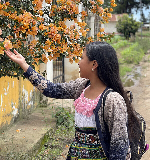 Kimberly geht durch eine Straße in Guatemala und hält an einem Baum 