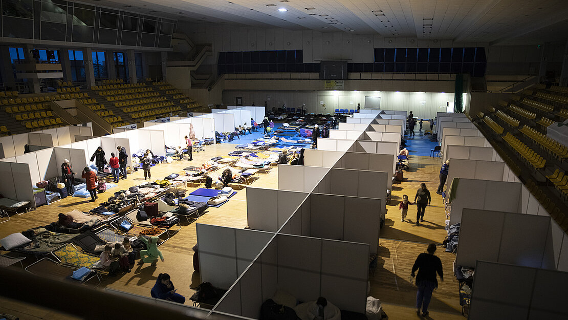 In der Sporthalle stehen Reihenweise Liegen, die durch Sichtschutz voneinander getrennt sind. 