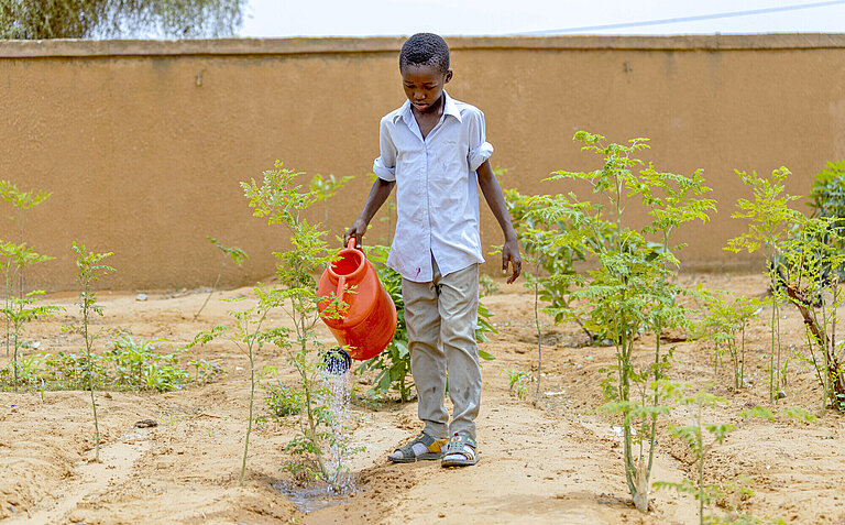 Ein Junge in Niger gießt seine Beete