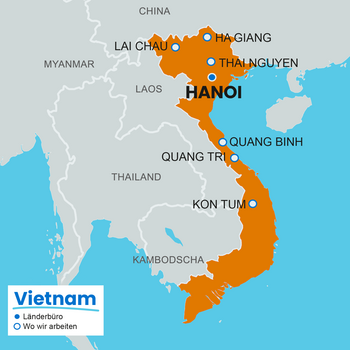 Karte von Vietnam mit hervorgehobener Projektregion und weiteren Städt