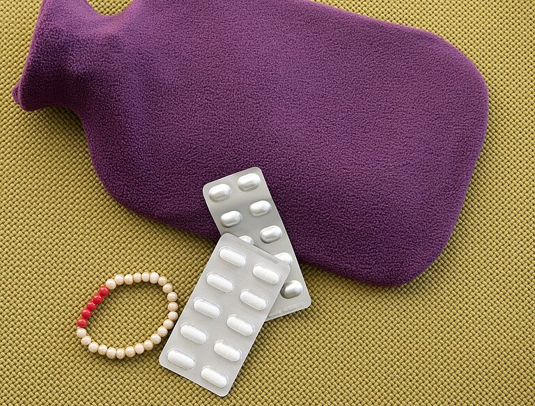 Eine Wärmflasche, zwei Blister Schmerzmittel und ein Armband mit fünf roten und 23 weißen Perlen liegen nebeneinander