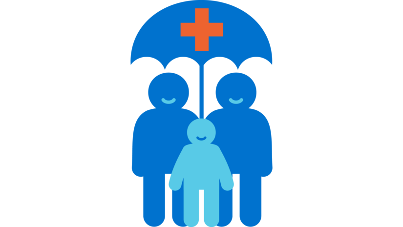 Icon von zwei Erwachsenen und einem Kind, die unter einem Schirm stehen. Auf dem Schirm ist ein rotes Kreuz. Es steht für unseren Wirkungsbereich gesundes Aufwachsen.