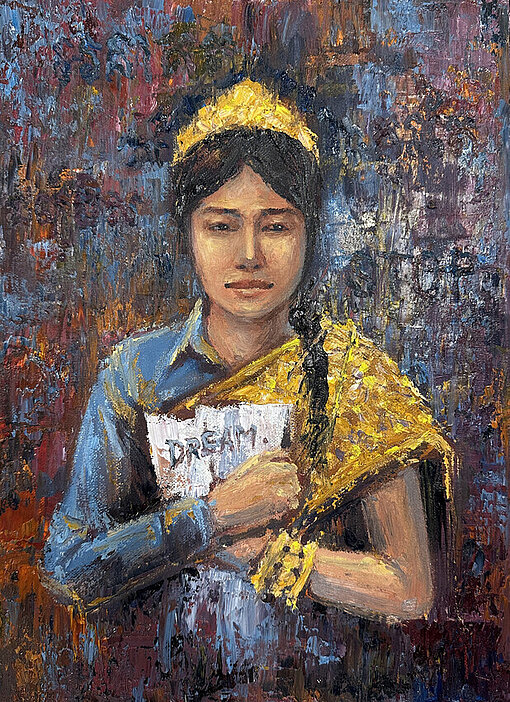 Gemälde eines jungen Mädchens mit Krone, das ein Blatt mit der Aufschrift „Dream“ hält und nachdenklich in die Ferne blickt.