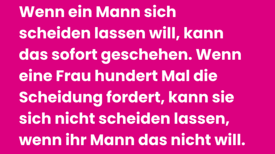 Pinke Grafik von Plan International zum Welt-Mädchentag mit großem Anführungszeichen. Zitat: ‚Wenn ein Mann sich scheiden lassen will, kann das sofort geschehen. Wenn eine Frau hundert Mal die Scheidung fordert, kann sie sich nicht scheiden lassen, wenn ihr Mann das nicht will.‘ – Adinda (15), aus Indonesien, wurde frühverheiratet. Unten Quellenangabe: Plan International (2025). State of the World’s Girls Report.