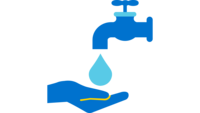 Icon eines Wasserhahns mit einem Wassertropfen und einer Hand darunter.