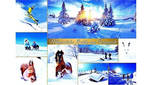 Postkarte aus Österreich mit verschiedenen Motiven aus den verschneiten Bergen.