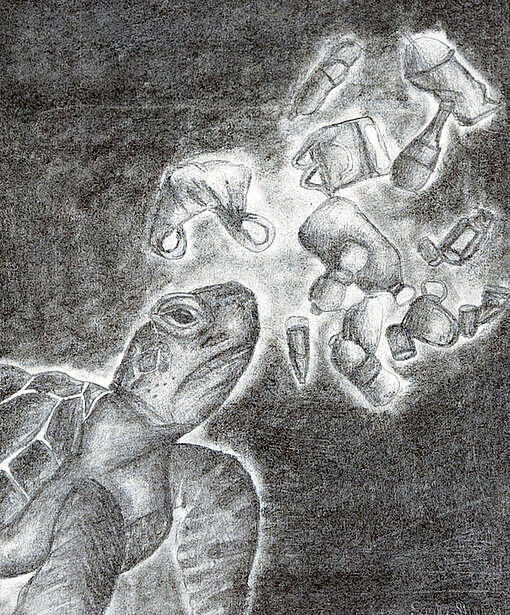 „Leben unter Wasser“ Zeichnung eine Schildkröte, die durch Müll schwimmt