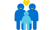 Icon von zwei Personen und einem Kind. Zwischen ihnen ist ein Herz. Es steht für Familie.