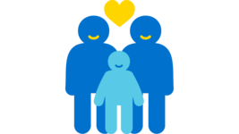 Icon von zwei Personen und einem Kind. Zwischen ihnen ist ein Herz. Es steht für Familie.