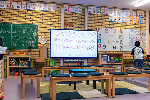 Klassenzimmer mit interaktivem Whiteboard, das positive Werte wie Dankbarkeit, Hilfsbereitschaft und Zusammenhalt im Rahmen des Projekts "Stark in die Zukunft" zur Förderung der mentalen Gesundheit von Grundschulkindern zeigt.