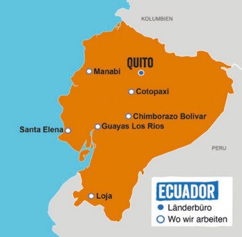 Karte von Ecuador mit markierten Einsatzregionen von Plan International: Länderbüro in Quito sowie Projekte in Manabí, Cotopaxi, Guayas, Loja und weiteren Provinzen.