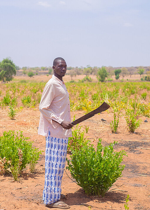 Ein ghanaischer Mann steht auf einem Feld, er hält ein Werkzeug zur Feldarbeit in der Hand