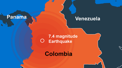 Karte von Kolumbien und benachbarten Ländern Südamerikas. Ein großer roter Kreis markiert das Epizentrum eines Erdbebens der Stärke 7,4 in Kolumbien. Die betroffenen Nachbarländer wie Panama, Venezuela, Ecuador und Brasilien sind ebenfalls abgebildet.