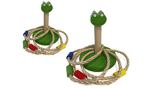 2 Wurfspiele mit einem Stab im Frosch-Design und jeweils vier Ringen