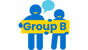 Icon von zwei Personen. Sie halten ein Schild mit der Aufschrift "Group B" hoch.