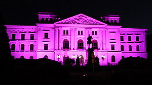 Das Rathaus in Hamburg-Altona wird im Dunkeln anlässlich des Weltmädchentags pink beleuchtet.