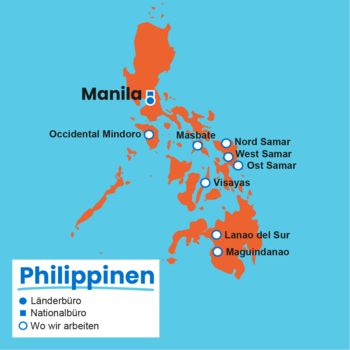 Karte der Philippinen mit Projektregionen von Plan International: Manila (Nationalbüro), Occidental Mindoro, Masbate, Nord-, West- und Ost-Samar, Visayas, Lanao del Sur und Maguindanao.