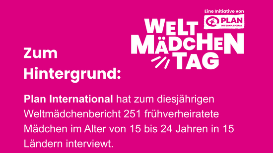 Pinke Informationsgrafik von Plan International zum Welt-Mädchentag. Überschrift: ‚Zum Hintergrund.‘ Text: ‚Plan International hat zum diesjährigen Weltmädchenbericht 251 frühverheiratete Mädchen im Alter von 15 bis 24 Jahren in 15 Ländern interviewt. Der Report „Lasst mich ein Kind sein, keine Ehefrau – Erfahrungen von Mädchen mit Frühverheiratung“ weist auf eine der größten Menschenrechtsverletzungen unserer Zeit hin, die immer noch weit verbreitet ist: Die Verheiratung minderjähriger Mädchen.‘ Am Ende steht: ‚Alle Infos und Ergebnisse gibt es unter: www.Weltmädchentag.de.‘