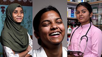 Portraits von drei Mädchen, die glücklich und selbstbewusst in die Kamera blicken