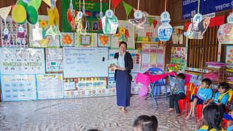 Vorschullehrerin vor ihren Schüler:innen im bunt eingerichteten Klassenraum
