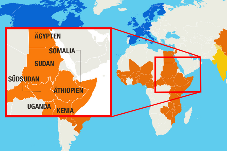 Landkarte mit Fokus auf das nordöstliche Afrika