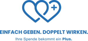 Kampagnenlogo mit zwei Herzen und Pluszeichen: „Einfach geben. Doppelt wirken.“ 