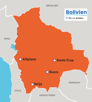 Karte von Bolivien mit markierten Projektregionen Altiplano, Santa Cruz, Sucre und Tarija